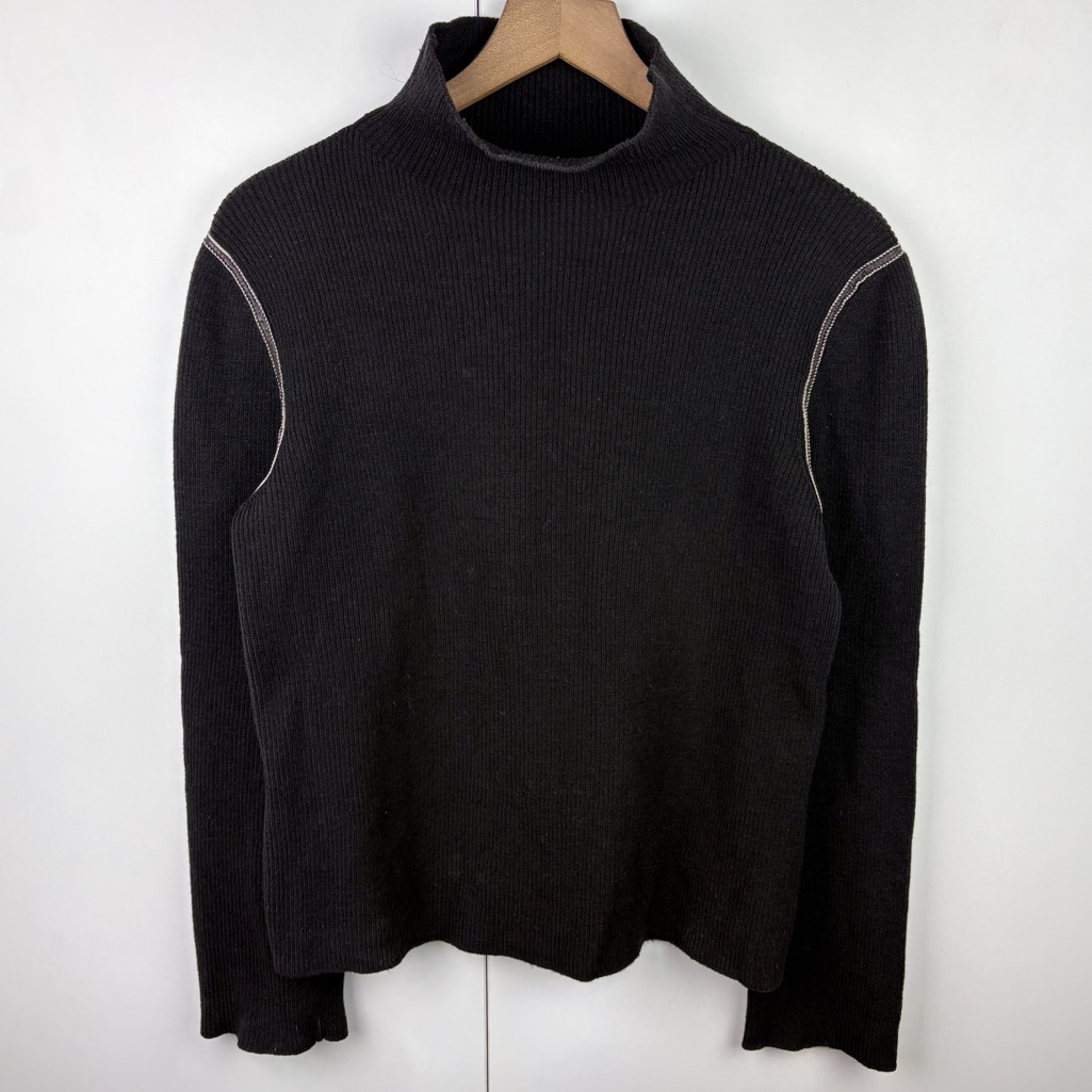 Lorena Antoniazzi Wool Ribbed Leather Trim Turtleneck Sweater Italy Black